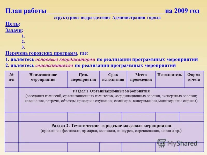 План мероприятий по достижению цели. Планирование работы подразделения. План работы структурного подразделения. План работы подразделения на год. Составить план работы структурного подразделения.