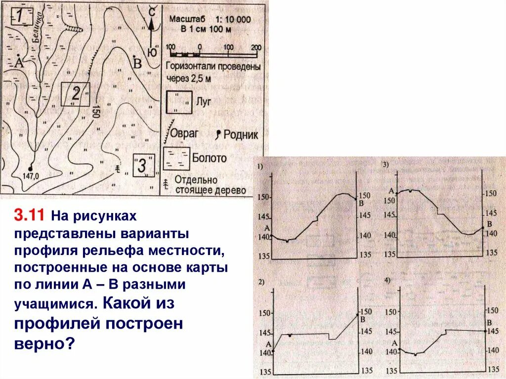 Варианты профиля рельефа. Профиль рельефа местности. Построение профиля рельефа местности. На рисунках представлены варианты профиля рельефа местности. Постройте профиль по линии а б