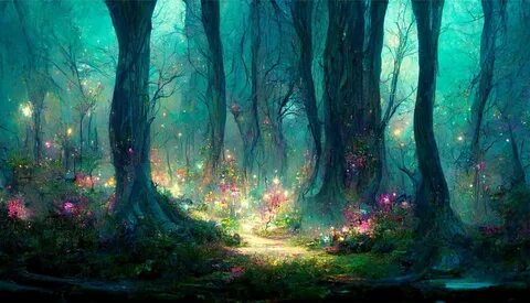 Download a painting of a forest with a path through it | Wallpapers.com.