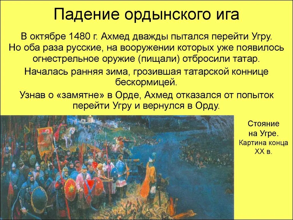 Освобождение руси от ордынского владычества дата. 1480 Освобождение от Ордынского Ига. Стояние на реке Угре освобождение Руси от Ордынского владычества.