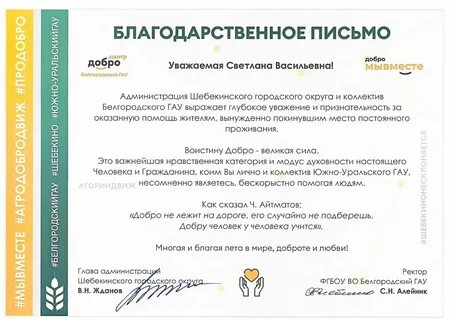Благодарность коллективу за поддержку