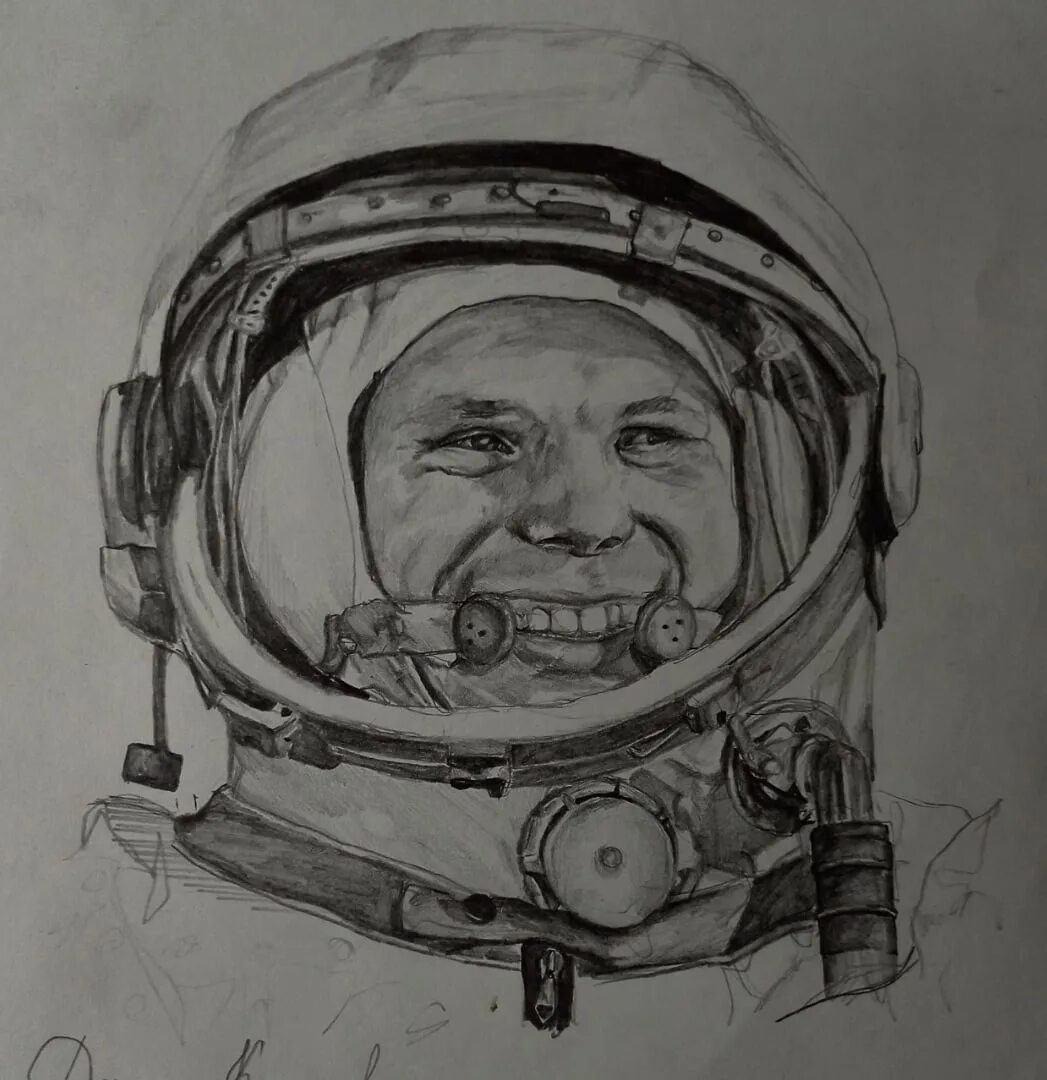 Рисунок Юрия Алексеевича Гагарина. Портрет Гагарина карандашом. Гагарин карандашом.