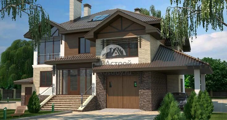 Проект двухэтажного дома с подвалом в стиле Райта 241-368-2П c чертежами, фото, 