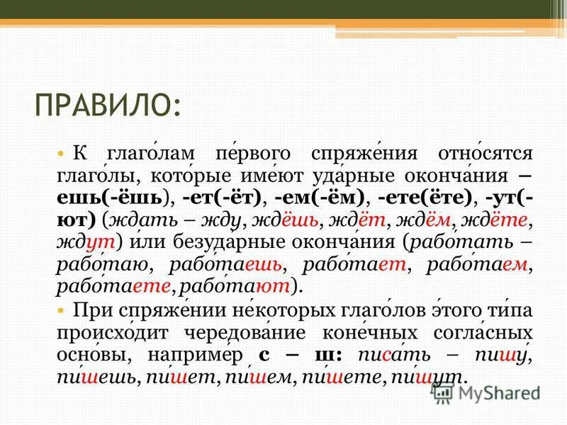 К 1 спряжению относятся глаголы. К 1 спряжению относятся глаголы