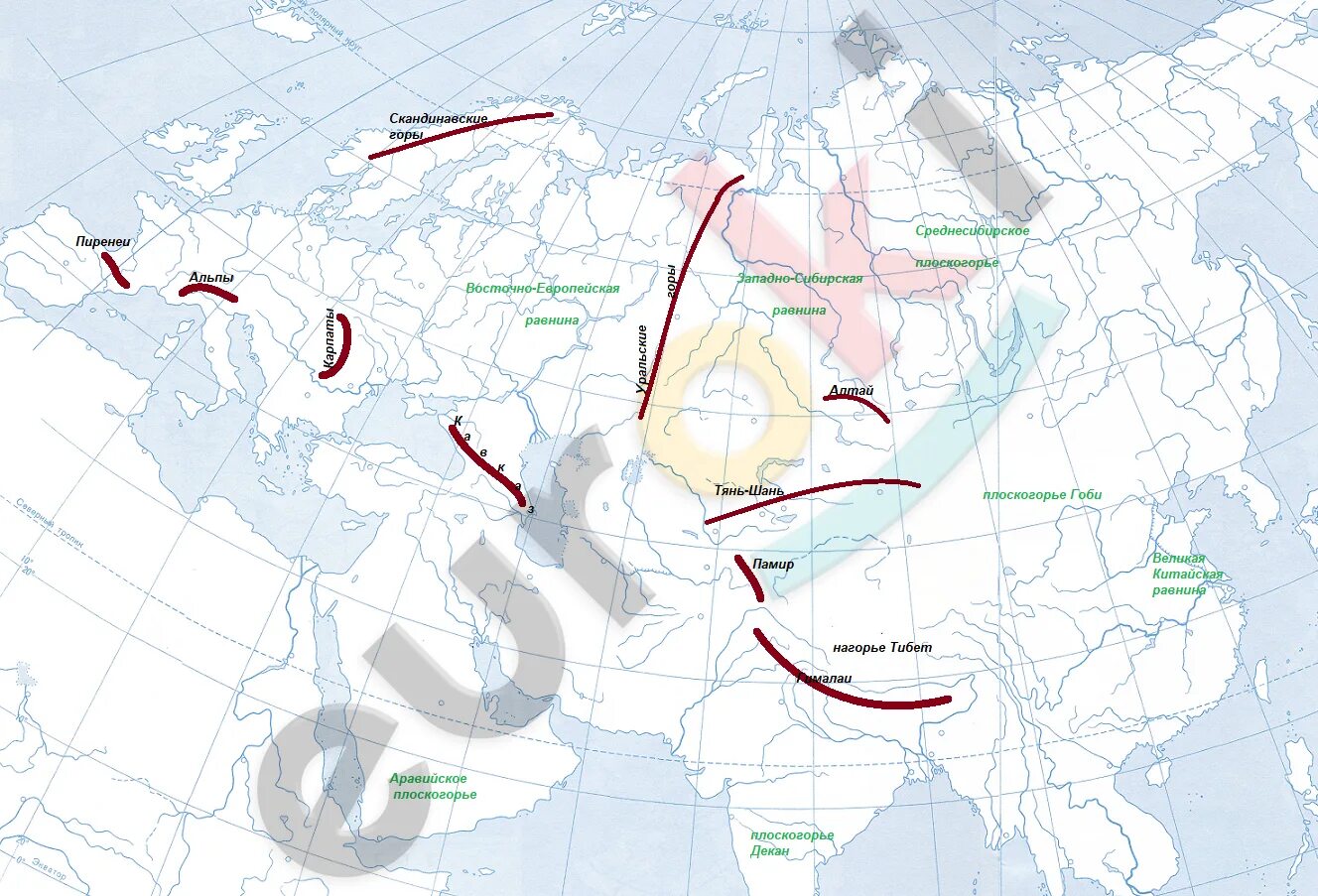 Горные хребты на контурной карте. Горные массивы на контурной карте. Равнины Евразии на контурной карте. Горные хребты на карте.