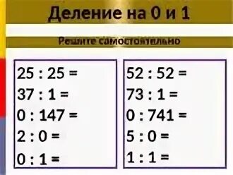 Деление. Примеры на деление с 0 и 1. Умножение и деление на 1 и 0. Примеры деления на 0. Деление на 0 1 класс