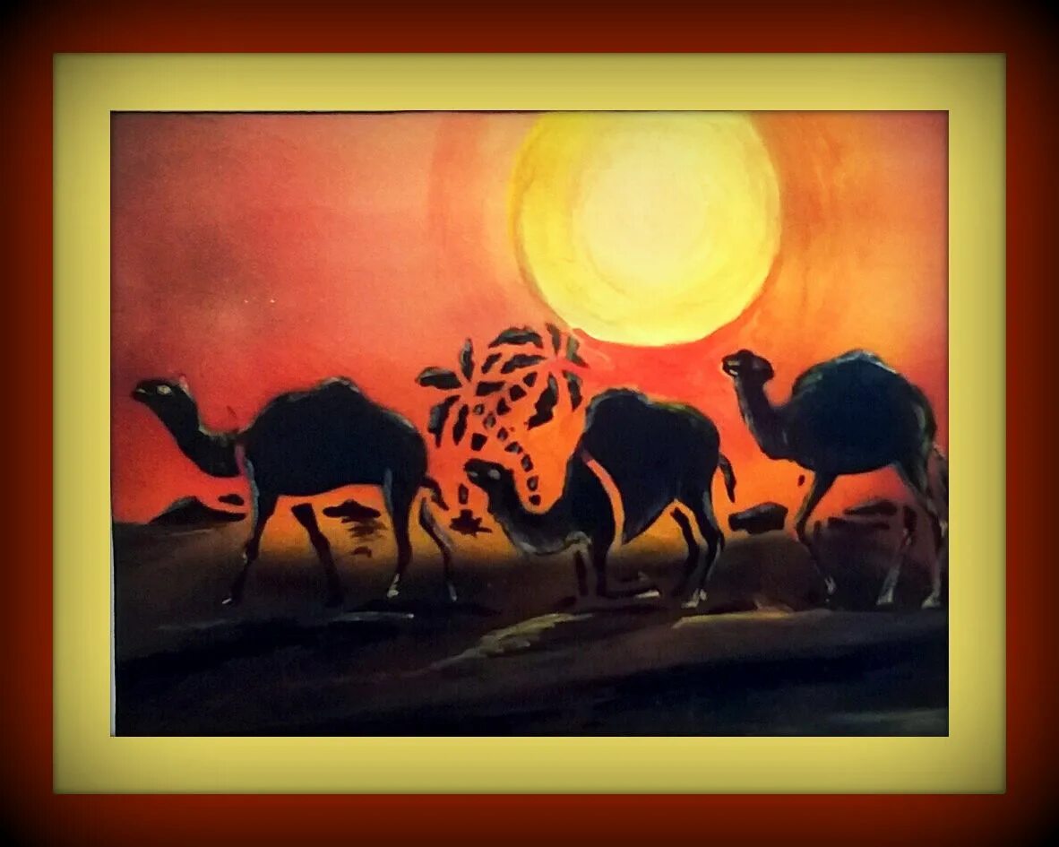 Какими красками рисует автор караван. Блохин валерий художник пустыня. Пейзаж с верблюдом. Пустынный пейзаж с верблюдами и пальмами. Какими красками рисует автор караван.
