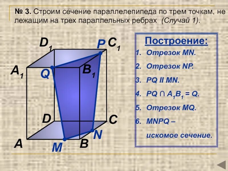 Сечение параллельно ребру. Построение сечений параллелепипеда по трем точкам. как строить сечения параллелепипеда. как строить сечение параллелепипеда по трем точкам. практическая работа по построению сечений параллелепипеда.