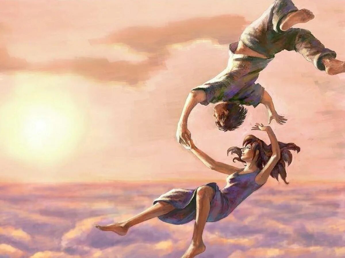Романтика в воздухе. Картина полет. Влюбленные летают. Полет во сне. Танец в воздухе.