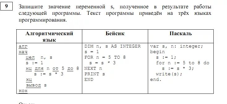 Приведена программа записанная на 5 языках