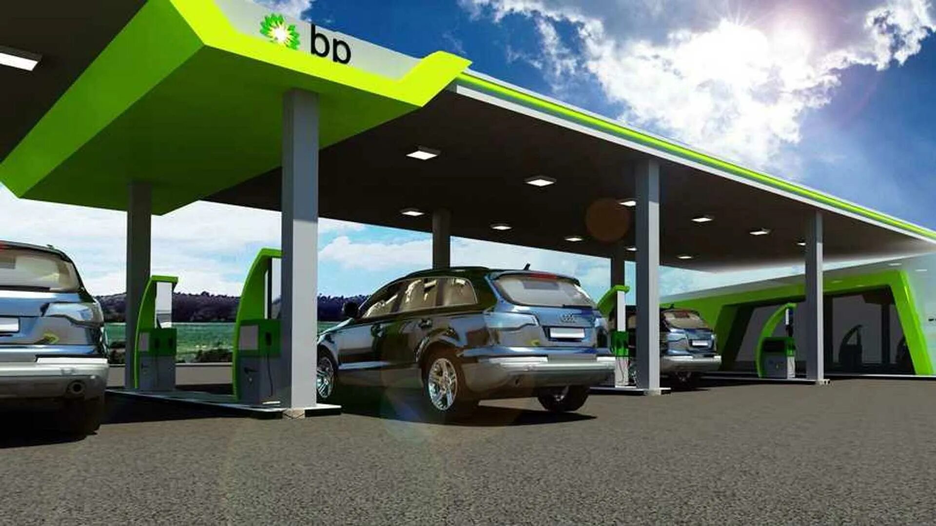 На дороге есть заправка. АЗС Бритиш Петролеум. BP Gas Station Design. Проект АЗС. Автозаправка будущего.