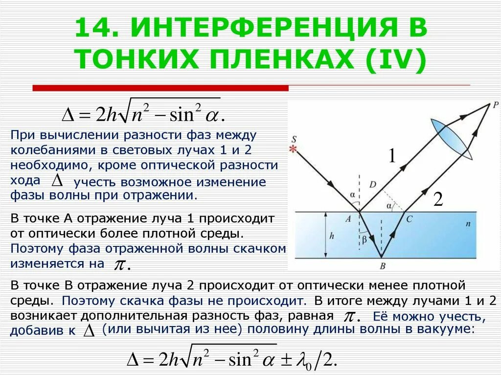 Оптическая разность хода для интерференции отраженных лучей. Оптическая разность хода в тонких пленках. Оптическая разность хода в отраженном свете. Интерференция в тонких пленках формула.