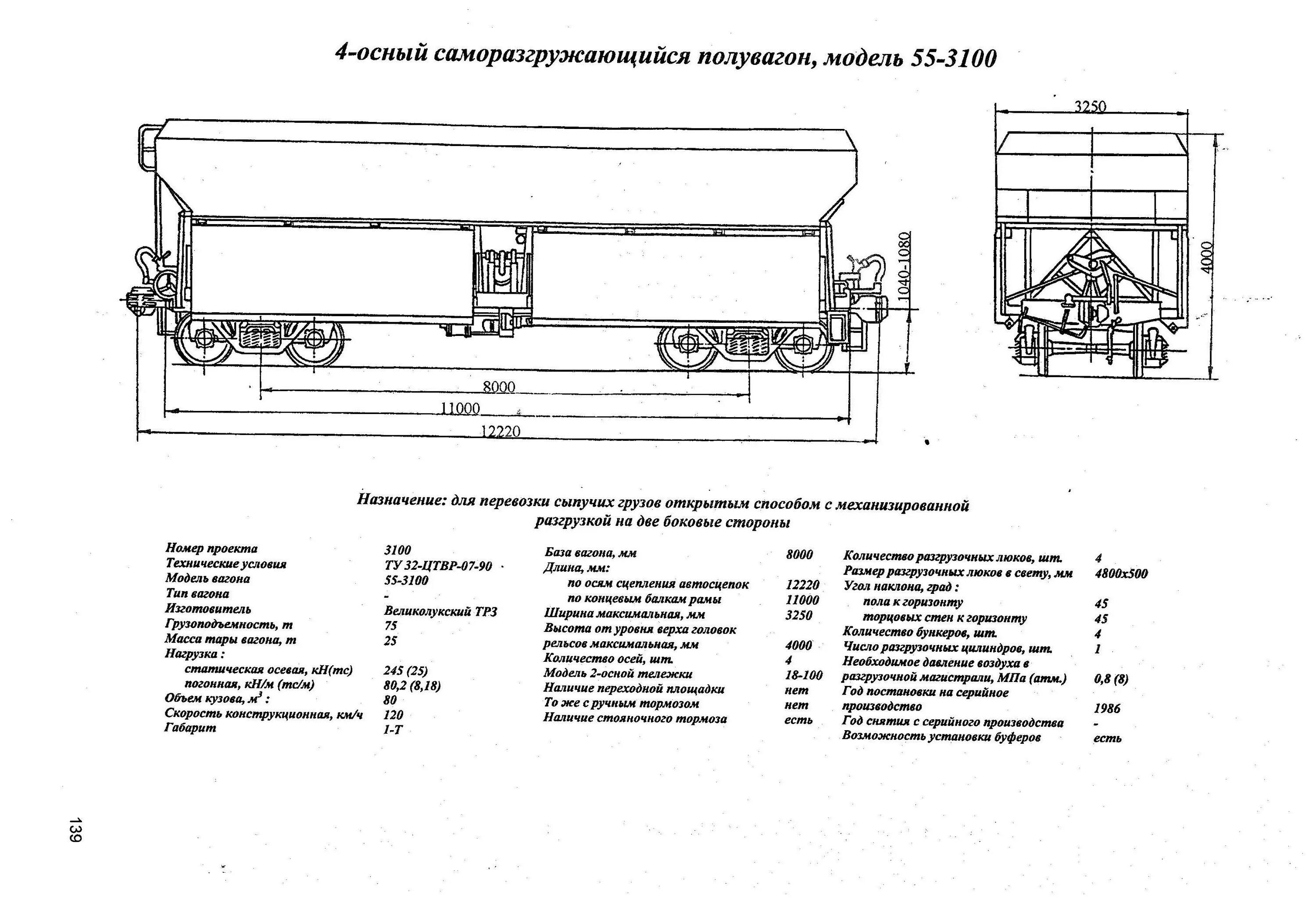 Полувагон 55-3100. Саморазгружающийся вагон для перевозки сыпучих грузов. 4-Осный полувагон. Модель 12-1293. 4 Осный саморазгружающийся полувагон для перевозки сыпучих грузов. Разгрузочные люки полувагонов должны быть