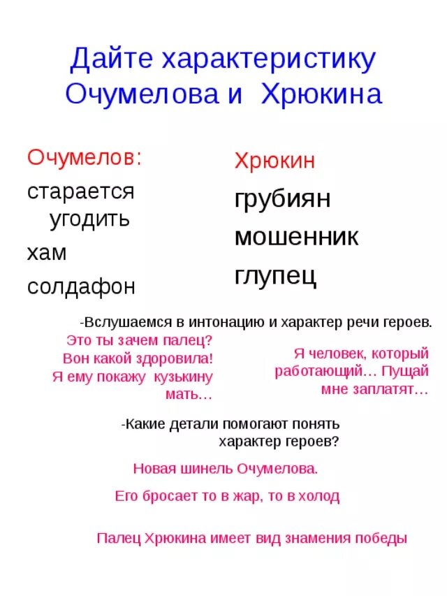 Отношение очумелова к хрюкину меняется в связи. Речевая характеристика Хрюкина. Характеристика Очумелова и Хрюкина. Очумелов характеристика. Характеристика героев рассказа хамелеон.