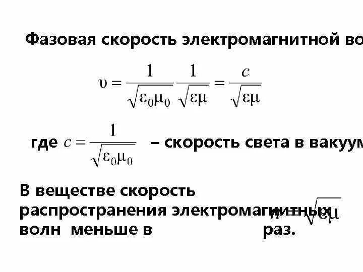 Где скорость. Фазовая скорость электромагнитной волны определяется выражением. Фазовая скорость электромагнитной волны в вакууме. Фазовая скорость световых волн в вакууме и в веществе.. Фазовая скорость формула.