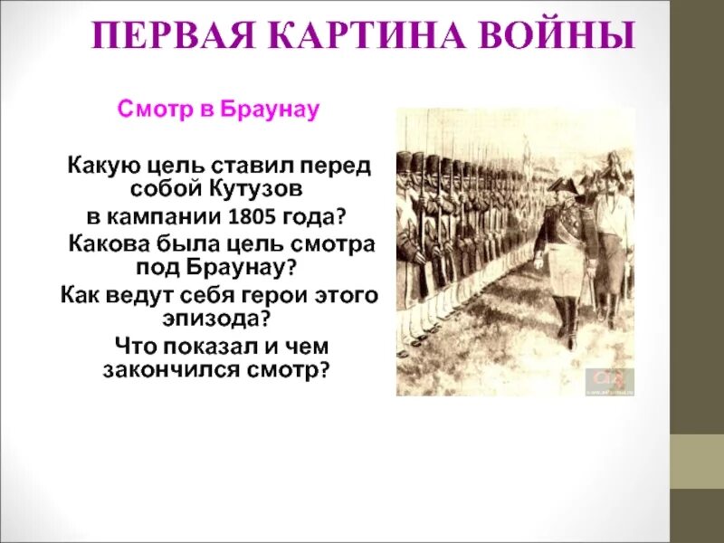 Как проявляет себя народ в войне 1805. Первая картина войны смотр в Браунау.