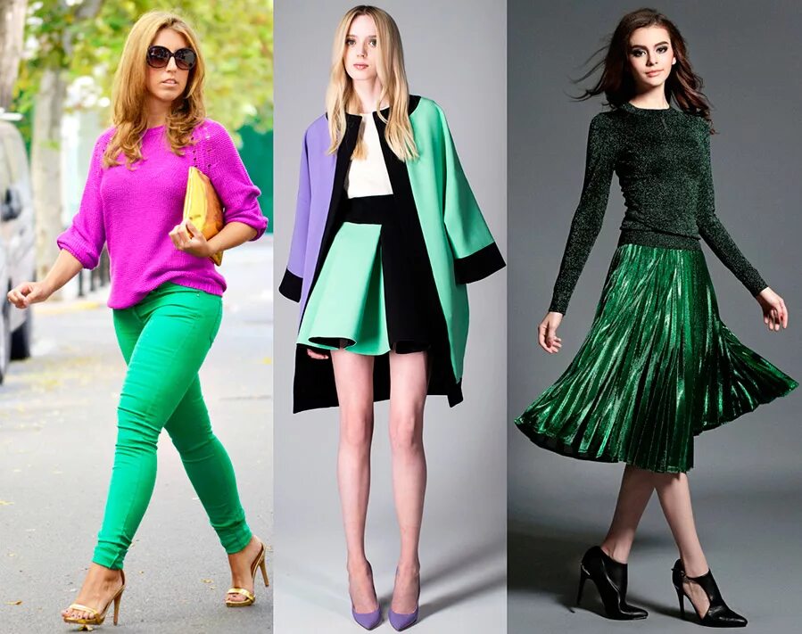 Сочетание цветов в одежде 2024 для женщин. Сочетание зелёного цвета в рлежде. Сочетание цветов в одежде зеленый. Сочетание зеленого в одежде. Цветовые сочетания с зеленым в одежде.