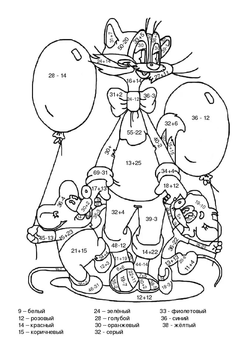 Математическая раскраска. Раскраска сложение и вычитание. Картинки с примерами для раскрашивания. Математическая раскраска до 100