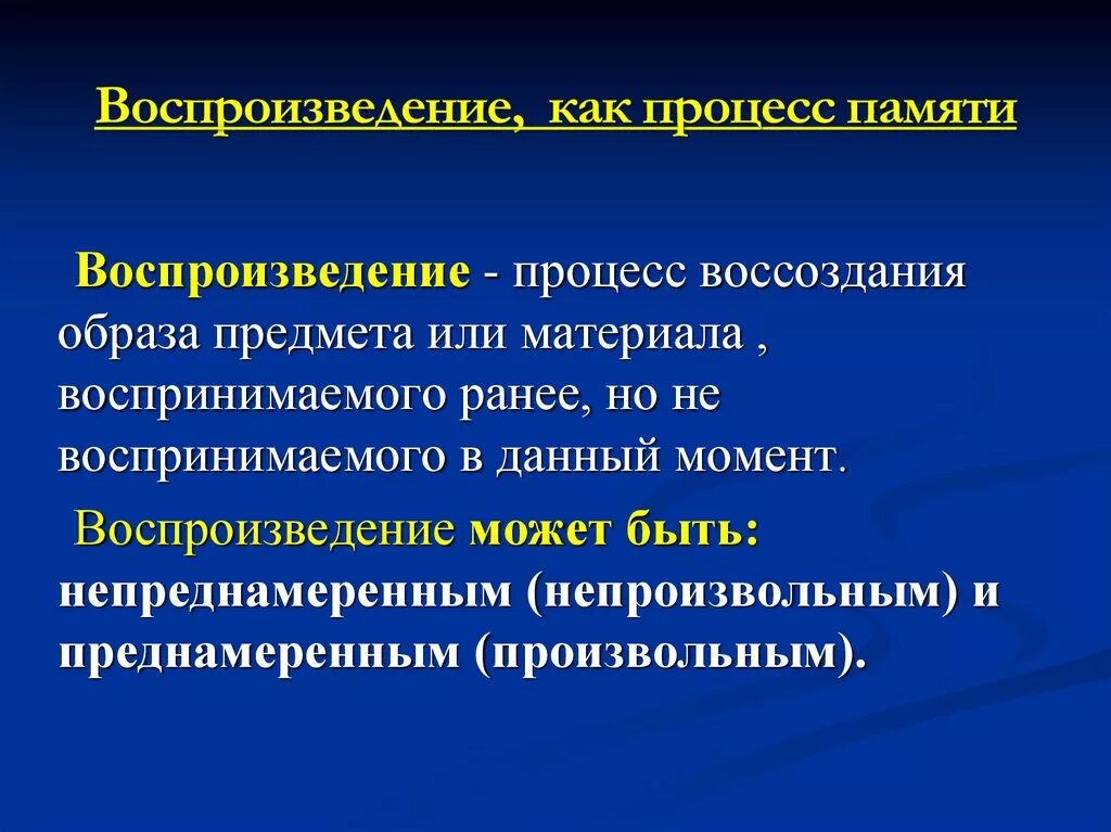 Запоминание сохранение и воспроизведение образов. Воспроизведение памяти это в психологии. Воспроизведение и узнавание в памяти. Воспроизведение как процесс памяти. Процесс воспроизведения в психологии.