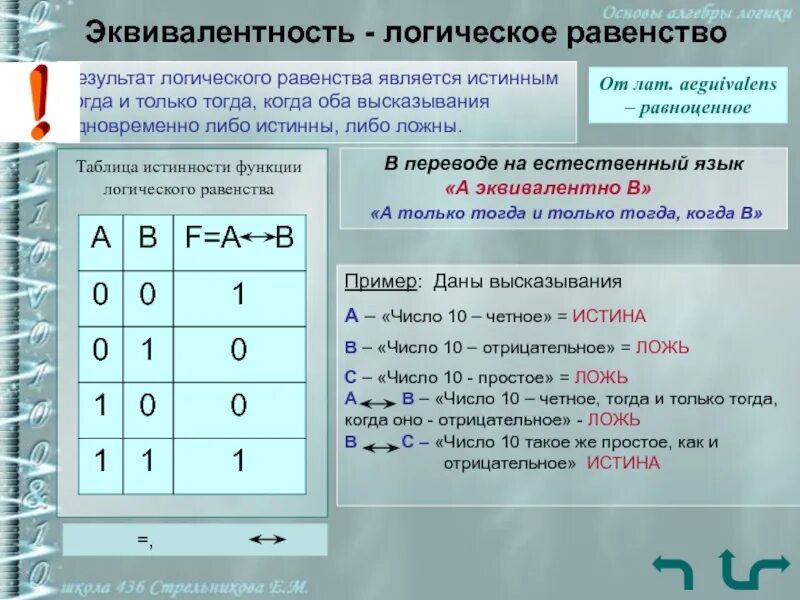 Результаты логической функции. Эквивалентность. Логическая эквивалентность. Эквиваленция в логике. Эквиваленция таблица истинности.