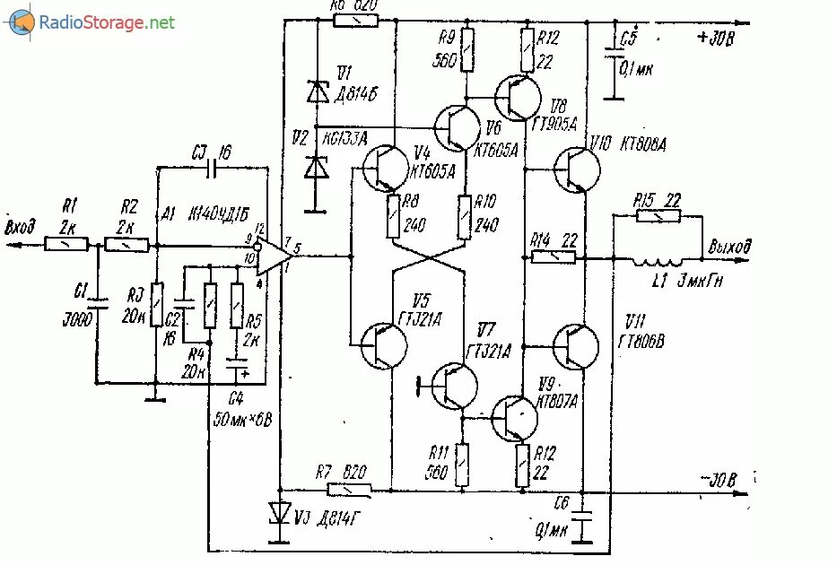 Мощность унч. Схема транзисторного усилителя на кт808. Схемы транзисторных усилителей на 30 ватт. Усилитель УНЧ на транзисторах кт808а. Усилитель с питанием 40 вольт схема на транзисторах кт808а.