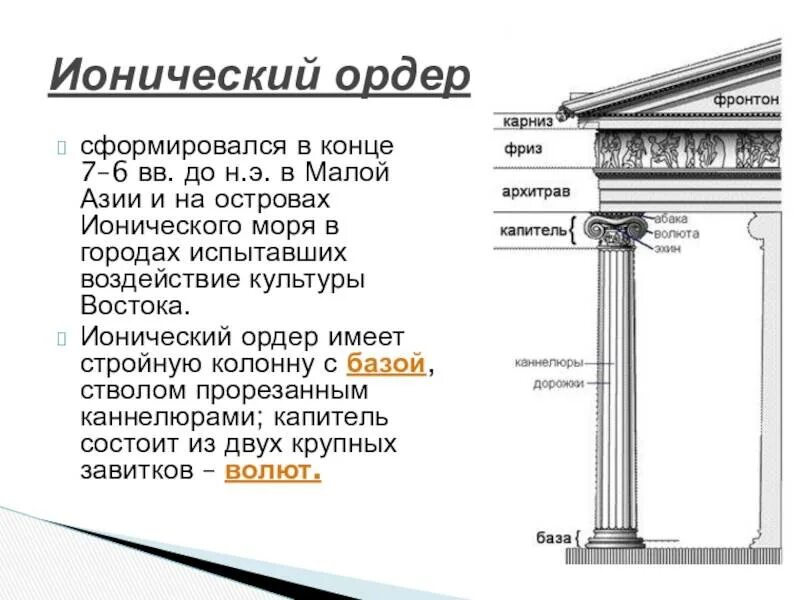 Греческие названия элементов. Ионический ордер древней Греции схема. Ионический ордер в архитектуре древней Греции. Ионический храм колонна древней Греции. Ионический архитрав.