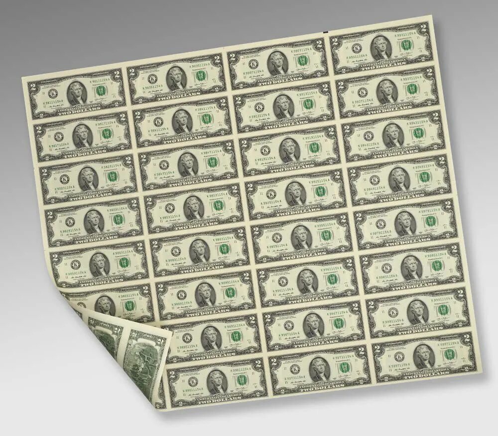 Лист купюр. Неразрезанный лист банкнот по 2 доллара США. Неразрезанный лист банкнот по 100 долларов США. Неразрезанные листы долларов. Неразрезанные долларовые купюры.