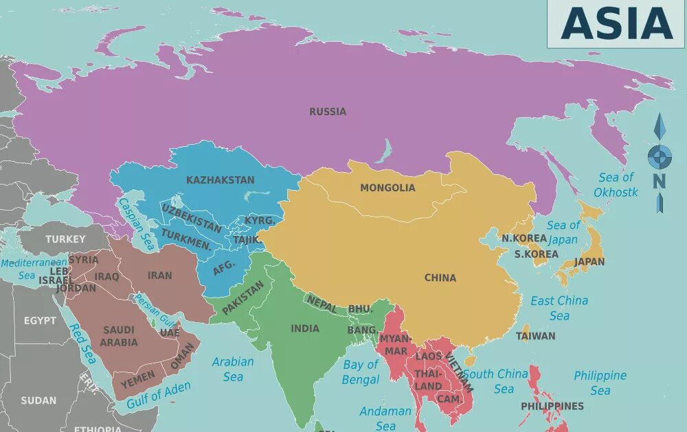 Карта Азии. Карта Азии со странами. Азиатские страны на карте. Карта Азии на русском языке со странами. Middle asia