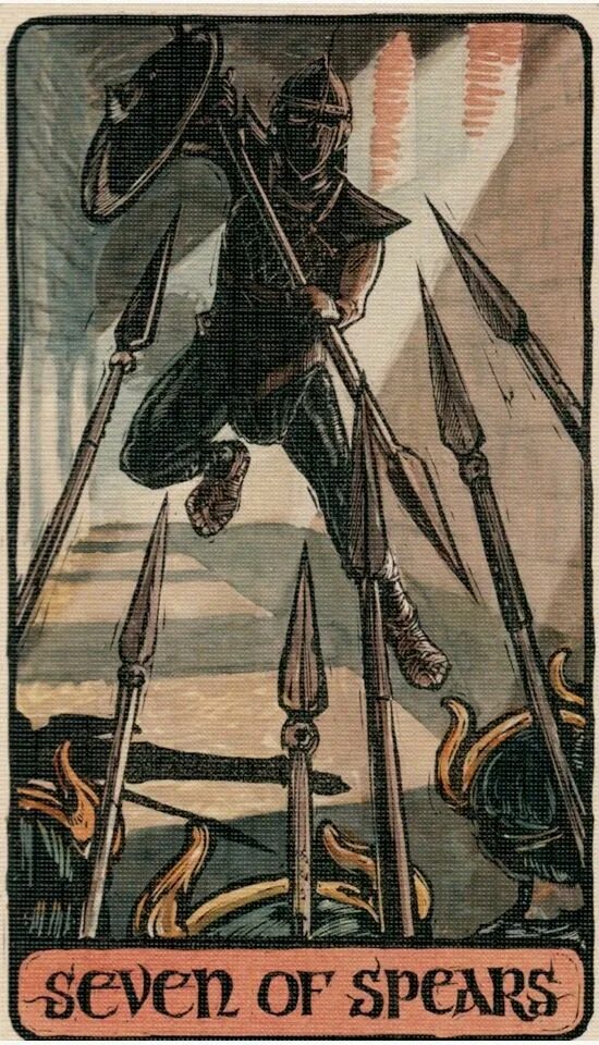 7 жезлов райдер уэйт. Карта таро семерка жезлов. Семерка жезлов таро уэйта. 7 жезлов таро таро. Семь жезлов таро.