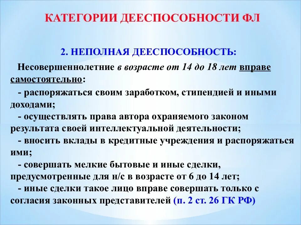 Способность распоряжаться своими правами и обязанностями. Неполная дееспособность. Категории дееспособности. Частичная и неполная дееспособность.