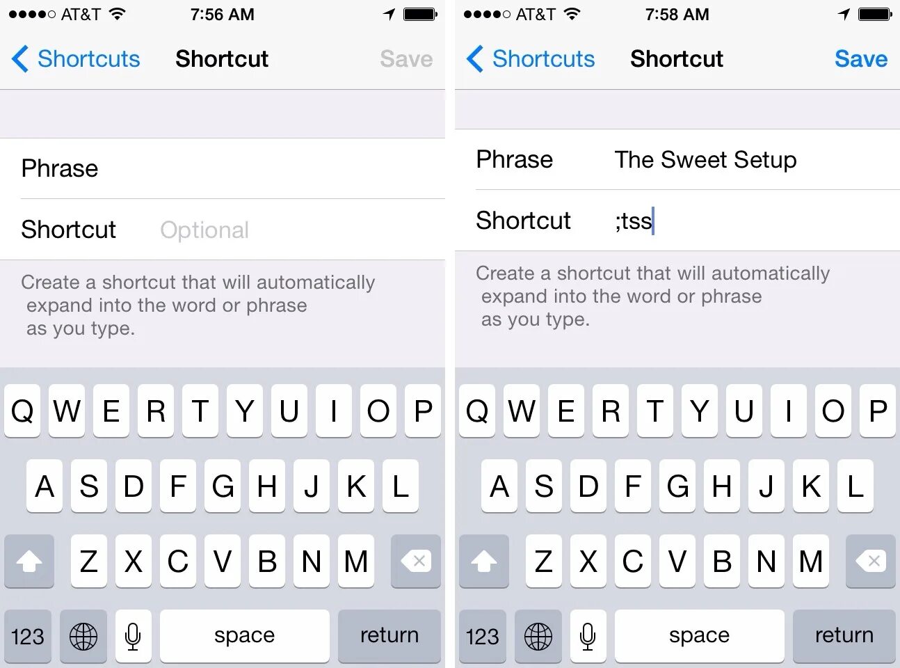 Type shortcut