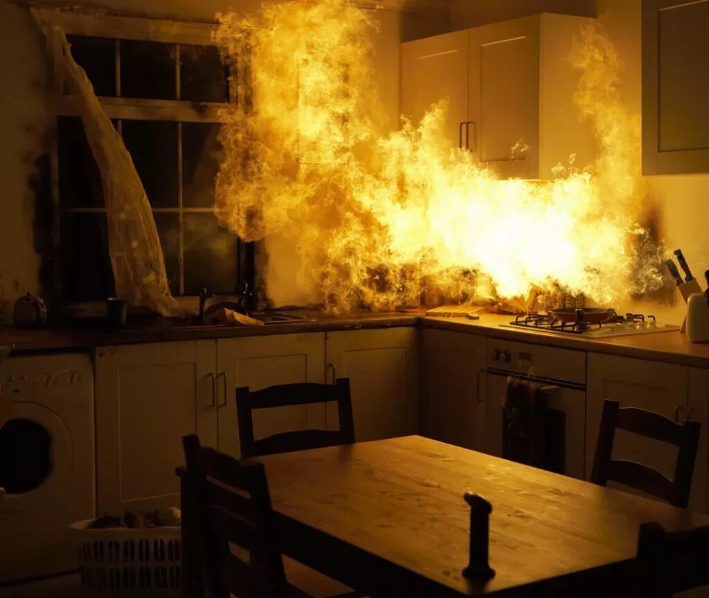Сгоревшая кухня. Пожар в квартире. Пожар внутри. Кухня горит. Пожар внутри дома.