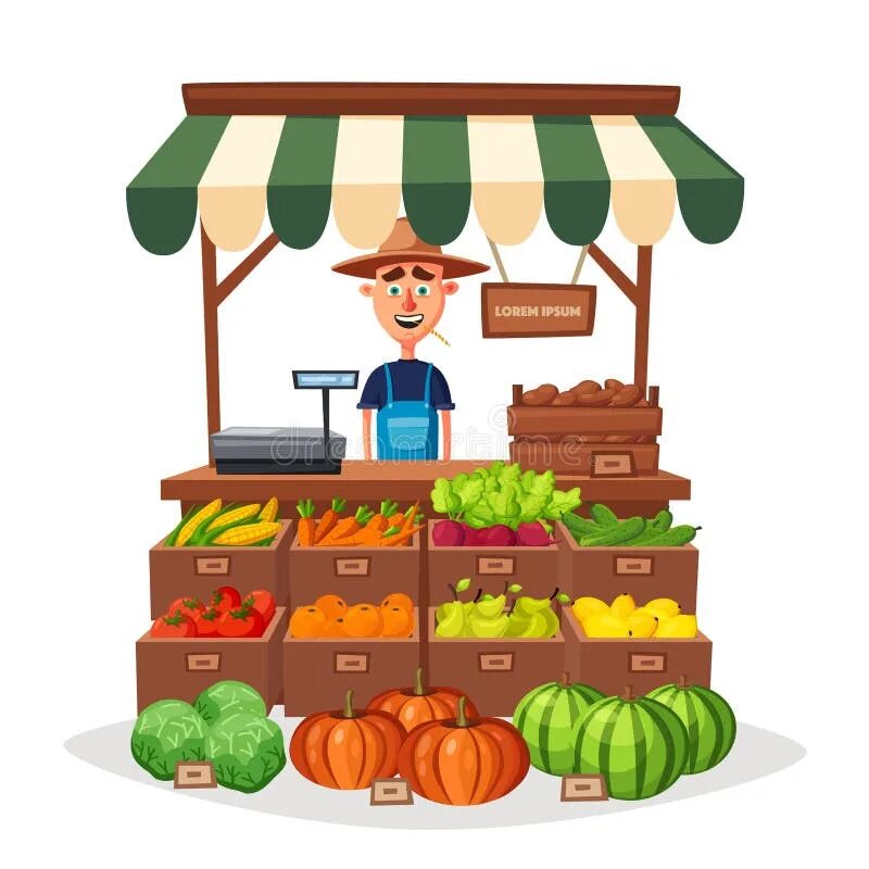 Прилавок с фруктами и овощами вектор. Greengrocer's рисунок. Зеленщик. Рынок бокерия в барселоне. Краткая версия greengrocer's.