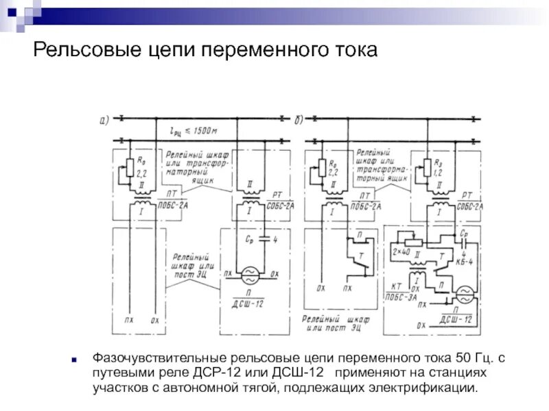 Элементы рельсовой цепи. Рельсовые цепи переменного тока 50 Гц с малогабаритной аппаратурой. Фазочувствительной рельсовой цепи с реле типа ДСШ.. Рельсовая цепь с ДСШ-12. Схема разветвленной фазочувствительной рельсовой цепи.