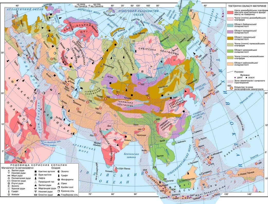 Какой путешественник исследовал геологическое строение центральной азии. Тектоническое строение Евразии карта. Карта строения земной коры Евразии. Тектоническая карта зарубежной Азии. Карта тектонических структур Евразии.