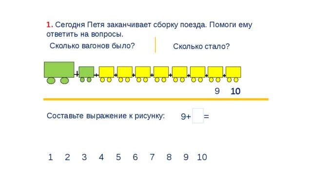 Определите сколько вагонов. 9+ =4+10 Сколько будет.