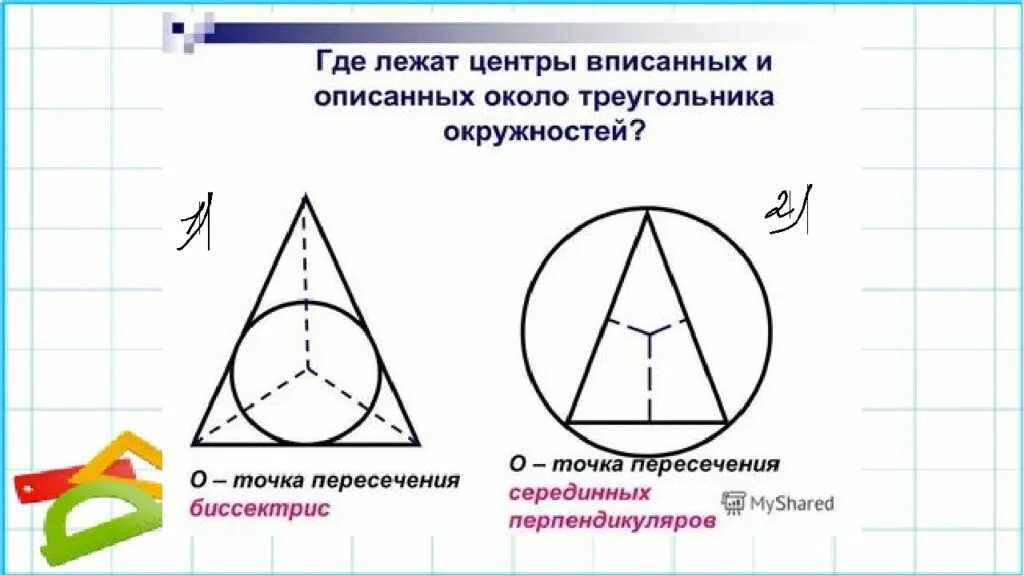 Центр вписанной и описанной окружности в треугольнике. Центр вписанной и описанной окружности равнобедренного треугольника. Где находится центр вписанной и описанной окружности в треугольнике. Центр вписан Ой окружности около треугольника