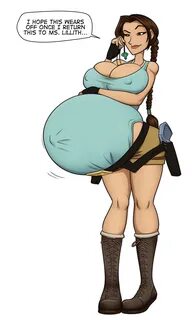 riddleaugust, lara croft, tomb raider, 1girls, belly, big belly, big breast...