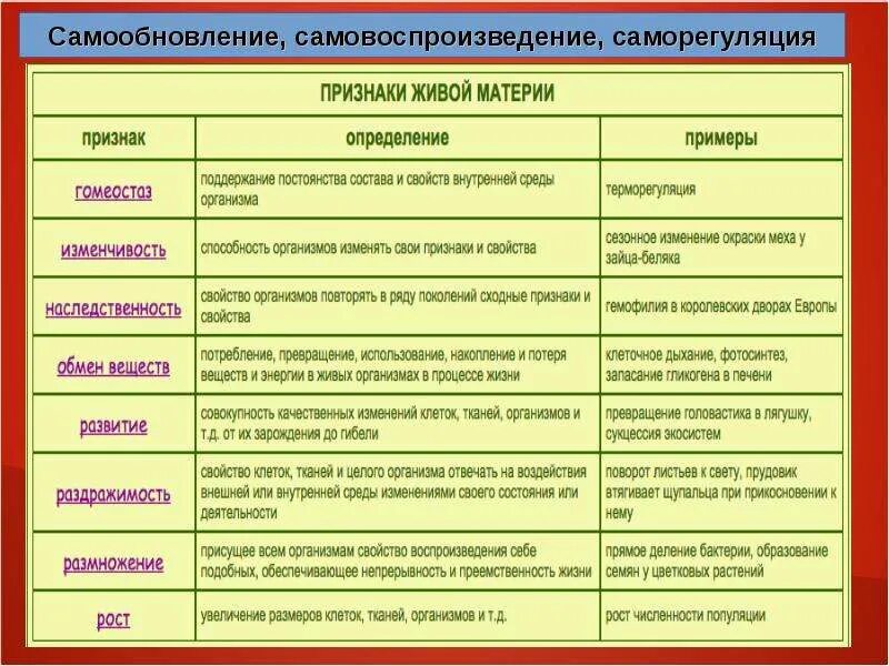 Признаки живого организма примеры