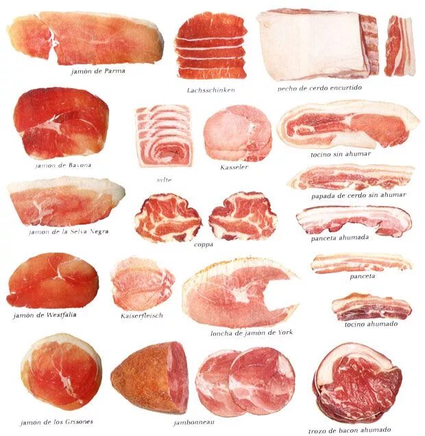 Чем отличается бекон. Ветчина и бекон. Разновидности ветчины. Ветчина и бекон разница. Бекон и прошутто разница.