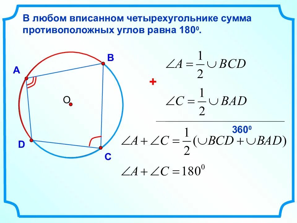 Суммы противолежащих сторон равны. В любом четырёх угольнике вписаным в окружность :. Вписанная окружность в четырехугольник 8 класс. Вписанной четыоехугольник. Писаный четырехугольние.