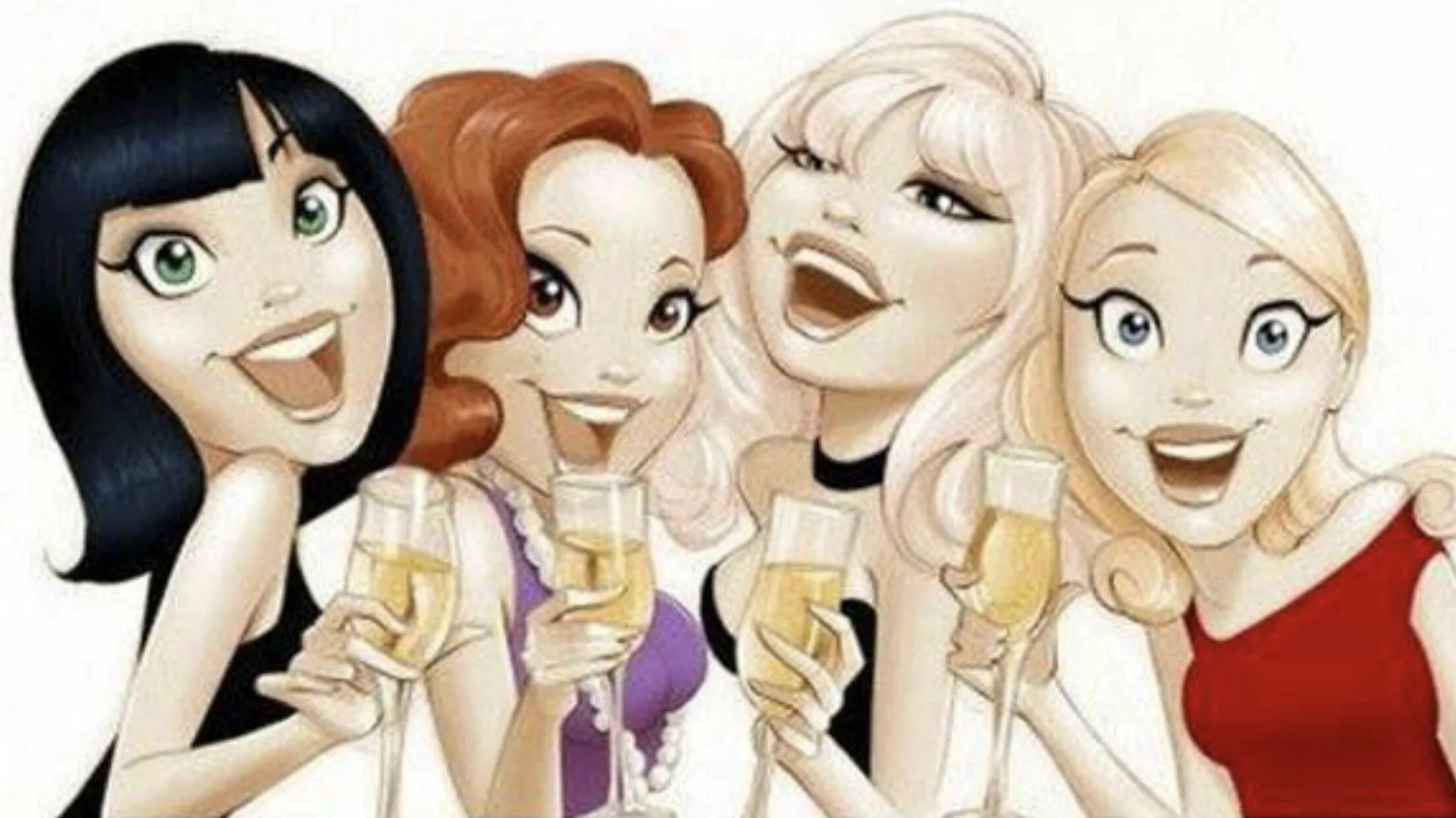Девчули подруги. Мультяшные подружки. Мультяшные подружки. Мультяшная компания девушек. Шарж девичник.