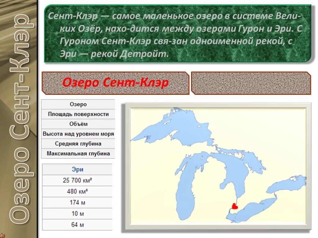 Самое маленькое озеро в америке. Сент-Клэр (озеро, Северная Америка). Озеро сент Клэр на карте Северной Америки. Великие озера презентация. Озеро сент-Клэр на карте.