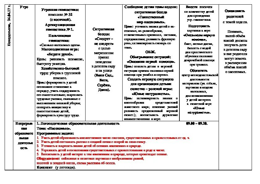 Календарный план насекомые