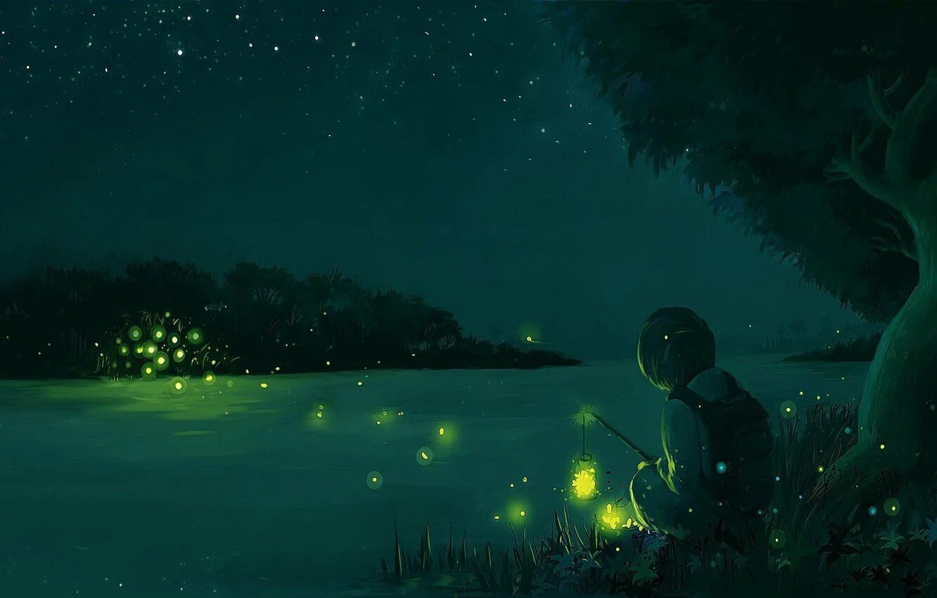 Сказочная ночь. Волшебные бабочки. Светлячки арт. Аниме девушка и светлячки. Сказочная ночь.
