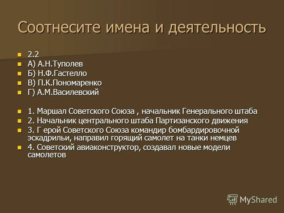 соотнесите имена и деятельность