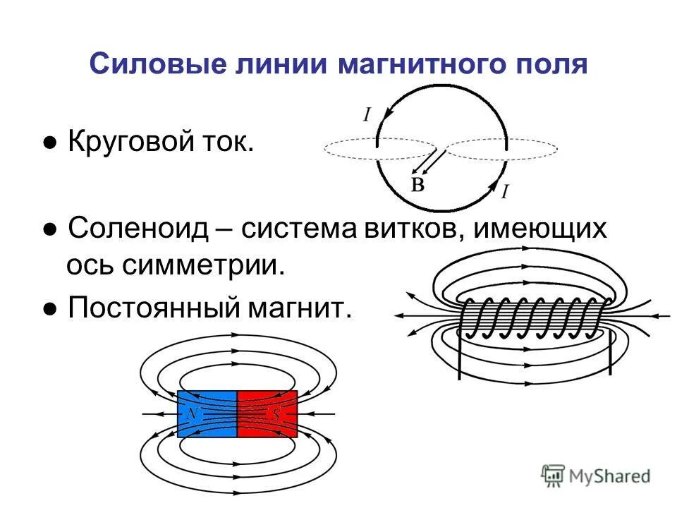 Виды линий магнитной индукции. Магнитные силовые линии постоянных магнитов. Линии индукции магнитного поля постоянного магнита. Магнитное поле прямого тока и соленоида. Магнитно силовые линии постоянного магнита.