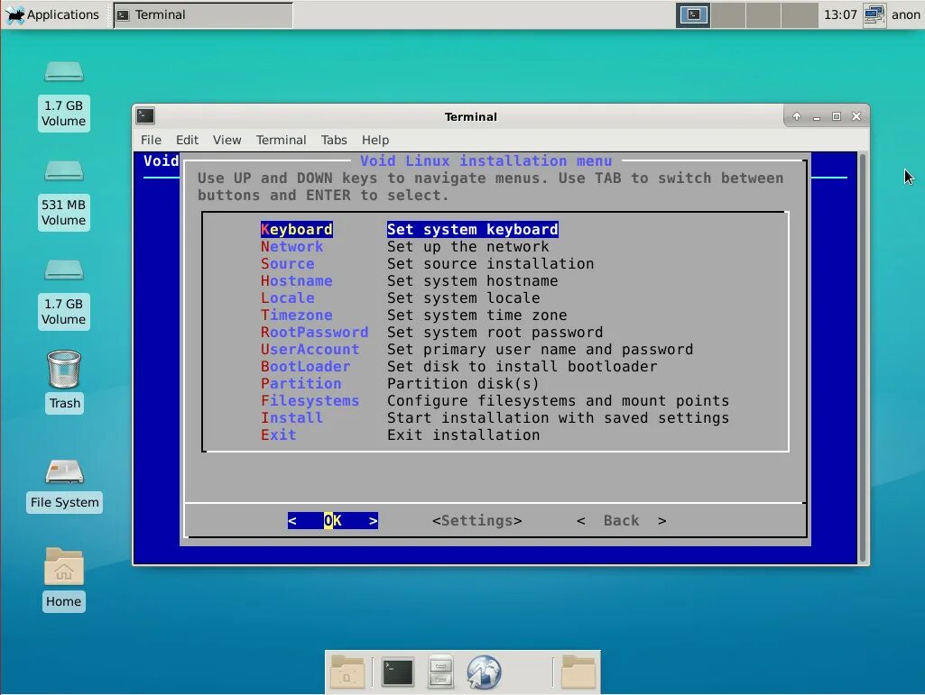 Installation menu
