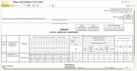 Ответственное лицо за табель учета рабочего времени