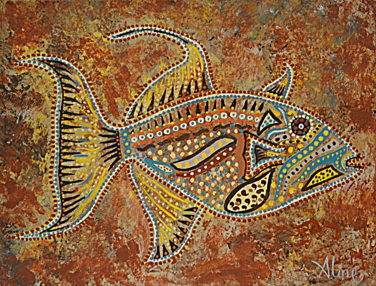 Первобытные рыбы. Aborigen Art рыба. Точечная живопись аборигенов Австралии страус. Рыбы в декоративном искусстве. Орнамент рыбы.